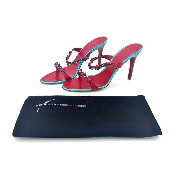Vintage Giuseppe Zanotti Red Turquoise Floral Embellished Mules Sandals  37 - Picture 2 of 12